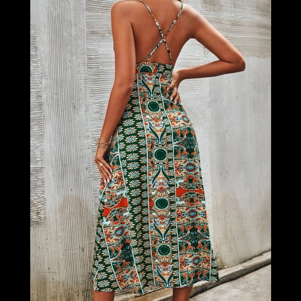 Boho Backless Floral Paisley Print Slit Criss Cross Back Maxi Dress Cottagecore - Picture 4 of 5